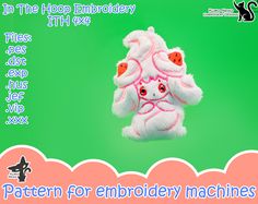 a white stuffed animal with red eyes on a green background and text that reads pattern for embroidery machines