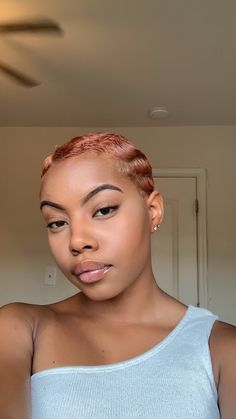 Rose Gold Pixie Haircut Black Women, Ginger Finger Waves Black Women, Ginger Finger Waves, Natural Hair Pixie Cut, Short Afro Hairstyles, Finger Wave Hair