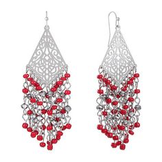 Bead Type: AcrylicEarring Back: French WireMetal Color: Silver ToneEarring Length: 73.6mmEarring Width: 31.7mmCare: Polishing ClothCountry of Origin: Imported Red Metal Chandelier Earrings For Party, Red Dangle Chandelier Earrings, Red Pierced Dangle Chandelier Earrings, Elegant Red Metal Beaded Earrings, Elegant Red Beaded Metal Earrings, Red Bohemian Metal Chandelier Earrings, Bohemian Red Metal Chandelier Earrings, Red Metal Beaded Drop Earrings, Red Metal Drop Beaded Earrings