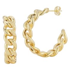 Accessorize in style with these Sunkissed Sterling 14k Gold Over Silver Bold Curb Chain Hoop Earrings. Accessorize in style with these Sunkissed Sterling 14k Gold Over Silver Bold Curb Chain Hoop Earrings. Backings: post Metal: sterling silver Finish: polished Packaging: pouch Plating: rhodium, 14k gold 1.25 in drop Size: One Size. Gender: female. Age Group: adult. Yellow Gold Hoop Earrings With Gold Chain For Gift, Gift Yellow Gold Hoop Earrings With Gold Chain, Gift Yellow Gold Hoop Earrings, Gold Hoop Earrings With Cable Chain For Gift, Modern Hoop Earrings With Chain Detail, Gold Hoop Jewelry With Gold Chain, Gold Round Chain Earrings, Yellow Gold Chain Link Earrings For Pierced Ears, Gold Hoop Earrings With Gold Chain For Gift