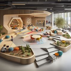 the interior of a library with tables, chairs and bookshelves filled with children's toys