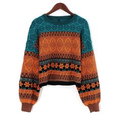 Chritmas Sweaters For Women Retro Chic Splicing Color Hoodies Young Girls Winter Crop Tops Oversize Knitted Short Female Sweater Knitted Flower Pattern, Festival Mode, Vsco Aesthetic, Short Sweater, Academia Fashion, Boho Sweater, Knitted Flowers, Crop Top Sweater, Pattern Sweater