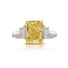 Top stone that will stand out among other Fancy Yellows Full of life and 10/10 lemon yellow color Set in Platinum and 18kt Yellow Gold with 0.33ct F VS Half Moons 100% eye clean and no negative effect from the Fluorescence Yellow Diamond Engagement Ring Cushion, Radiant Diamond Engagement Rings, Yellow Diamond Ring, Cushion Diamond Ring, Half Moons, Yellow Cushion, Yellow Diamonds Engagement, Yellow Diamond Engagement Ring, Fancy Light