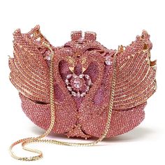 These Lovebirds evening handbag is a marvelous art, perfectly covered in brilliant pink crystals. This stunning bag is complete with gold color hardware and removable gold snap hook chain. This marvelous soulmate art bag can be carry in hand with or without chain. Glamorous and functional, this clutch can hold securely your keys, cards, cash and other small necessities.   Details: Measurement: 7.5in length x 5in high x 2in width Color: Pink crystals Lining: golden vegan leather Closure: magnetic closure Chain length: 19in Soulmate Art, Formal Evening Wear, Cute Purse, Girly Bags, Luxury Purses, Art Bag, Fancy Bags, Evening Handbag, Pretty Bags