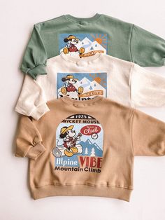 mickey adventure crewnecks green, ivory/cream or beige not fleece lined care: machine wash cold, like colors. hang dry. Luca Outfits, Disneyworld 2024, Levi Style, Toddler Clothing Stores, Kid Clothes, Toddler Clothing, Baby And Toddler, Baby Boy Fashion, Toddler Boy Outfits