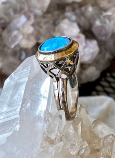 Beautiful Sterling Silver 14kt Gold Blue Opal Vintage Ring Ring size 9 1/4 Fine Jewelry Blue Cabochon Sapphire Ring, Blue Cabochon Sapphire Ring In Fine Jewelry Style, Blue Birthstone Ring Stamped 14k As Gift, Fine Jewelry Blue Turquoise Cabochon Ring, Blue Sterling Silver Jewelry Stamped 14k, Fine Jewelry Blue Turquoise Ring For Anniversary, Blue Turquoise Ring For Promise, Fine Jewelry Style, Blue Sapphire Ring Stamped 14k, Elegant Blue Gemstone Dome Ring