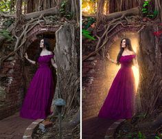 a woman in a long purple dress is standing by a tree and posing for the camera