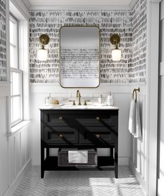 a bathroom with two sinks and a large mirror on the wall next to a window