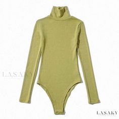 Lasaky - Premium Solid Color Bodysuit with High Neckline and Long Sleeves - The Ultimate Slimming Outfit Green Long Sleeve High Stretch Bodysuit, Green High Stretch Long Sleeve Bodysuit, Green Fitted Bodysuit For Winter, Winter Green Fitted Bodysuit, Green Fitted Long Sleeve Bodysuit, Fitted Long Sleeve Green Bodysuit, Green Long Sleeve Bodysuit For Fall, Fitted Yellow Long Sleeve Bodysuit, Yellow Fitted Long Sleeve Bodysuit