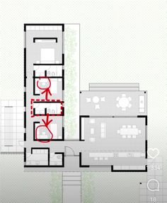 the floor plan for an apartment building, with red arrows pointing up to the ground