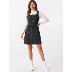 Carefully crafted to enhance your style, this tweed pinafore dress offers a chic and trendy look suitable for various occasions. The sleeveless design provides a touch of elegance, while the square neck adds a unique and flattering shape to the dress. The button-up front detailing adds a classic touch, complementing the A-line silhouette for a feminine and polished appearance. Perfect for layering over blouses or tees, this tweed pinafore dress can be styled with heels or boots to create a fashi Sleeveless Tweed Dress For Fall, Sleeveless Casual Tweed Dress, Casual Spring Tweed Dress With Button Closure, Casual Sleeveless Tweed Dress, Casual Tweed Dress With Button Closure For Spring, Sleeveless Tweed Dress For Winter, Chic Sleeveless Tweed Dress With Buttons, Casual Sleeveless Tweed Dress For Work, Pinafore Dress With Buttons For Workwear