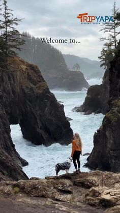 a woman is walking her dog on the rocks by the ocean with an advertisement for tripyapa