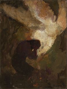 an abstract painting of a man kneeling down