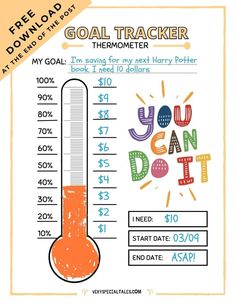 a thermometer is shown with an orange beak and words that read goal tracker