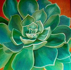 a painting of a large green flower on a red background