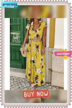 V-neck Loose Long Dress Casual V-neck Floral Print Maxi Dress, Casual V-neck Maxi Dress With Floral Print, Casual Floral Print V-neck Dress For Vacation, Maxi Dress With Surplice Neckline For Day Out, Summer Floral Print V-neck Maxi Dress, Casual Vacation Dresses With Surplice Neckline, Summer V-neck Maxi Dress With Floral Print, Summer Floral Print Maxi V-neck Dress, Casual V-neck Maxi Dress For Spring