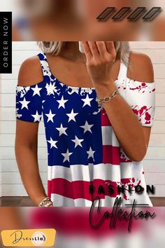 Cold Shoulder Independent Day Flag Shirt Summer Americana Style Short Sleeve T-shirt, Summer Flag Print T-shirt With Relaxed Fit, Summer Flag Print Short Sleeve Tops, Casual Tops For 4th Of July With Relaxed Fit, Casual Relaxed Fit Tops For 4th Of July, White Patriotic Tops For Summer, Casual Short Sleeve Tops With American Flag Print, Casual American Flag Print Short Sleeve Tops, Patriotic White Tops For Summer