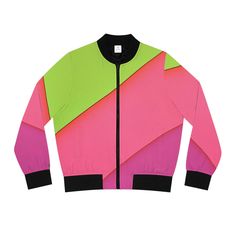 Few items are as iconic as the bomber jacket - and this one takes things to a whole new level. Featuring a stand-collar type, ribbed cuffs, collar, and hem, it's as durable as it's comfortable. Add your custom, all-over-print ideas to this women's bomber jacket and make it cute, badass, or both. .: 100% polyester .: Regular fit .: Stand-collar type .: Black lining, collar, cuffs and hem bottom .: Copper zipper closure .: Printed, cut and sewn in China Photo by Adobe Stock Retro Cotton Varsity Jacket For Spring, Retro Streetwear Track Jacket With Ribbed Cuffs, Fitted Cotton Varsity Jacket For Spring, Retro Track Jacket With Ribbed Cuffs For Streetwear, Trendy Fitted Varsity Jacket For Streetwear, Trendy Fitted Varsity Jacket For Spring, Retro Multicolor Collared Outerwear, Trendy Pink Track Jacket For Streetwear, Retro Cotton Track Jacket For Spring