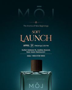 an advertisement for the launch of moj's new perfume