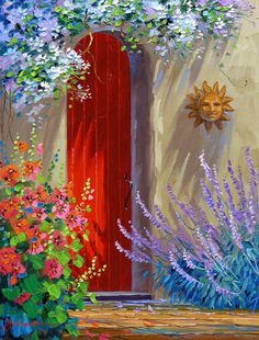 a painting of a red door surrounded by colorful flowers and plants in front of it