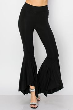 Vocal Soft gentle swirl petal flap ankle design bell bottom legging pants. Sleek, classy and soft. Banded waistband 2 1/2" not foldover. High rise. Stretchy fabric. Classic and dressy. Cozy soft and comfy. If you want to make a statement these are for you!Color: Black Sizes: S-M-L-XL Approximate sizing: Waist Small 24 Medium 28 Large 32 XL 34, inseam 31-32", high rise 12-13", width of bell on L is 29" across flatOver 1 lb. Self: 92% Rayon, 8% Spandex Hand wash cold, imported H/20031P Bell Bottom Leggings, Tall Leggings, Legging Pants, Bell Bottom, Soft And Gentle, Black Media, Bell Bottoms, Black Leggings, Black Pants