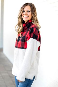 Red Fuzzy Pullover with Plaid Detail Cozy Fit Red Tops For Winter, Cozy Plaid Winter Tops, Cozy Red Winter Tops, Wholesale Sweatshirts, Inexpensive Dresses, Fuzzy Pullover, Cheap Sweatshirts, Bag Decoration, Warm Cardigan