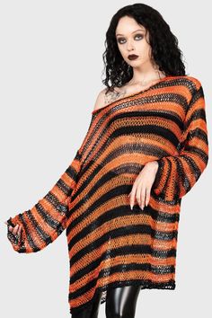 PUMPKIN PATCH.- Soft, stretch knit.- Statement stripe design.- Sheer.- Regular fit.- Unisex, so it's for everyone!With KILLSTAR branding, 100% Acrylic.Hand wash delicate 30°c / Do not bleach / Do not tumble dry / Iron at low temperature / Do not dry clean. Imported. Halloween Clothes Aesthetic, Halloween Fashion Outfits, Spooky Outfits, Spooky Fashion, Haunt Couture, Dark Spring, Patch Sweater, Pumpkin Outfit, Halloween Clothes