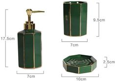 three different types of soap dispensers on a white background with measurements for each one