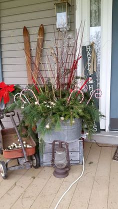 a potted plant sitting on top of a wooden floor next to a metal wagon