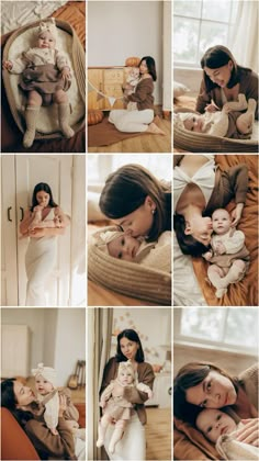 a woman holding a baby in her arms while she sleeps on the bed with other photos