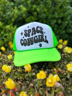 Space Cowgirl Neon Trucker Hat Adjustable snap back Neon foam trucker Space Cowgirl Cute Festival Trucker Hat, Cute Brimmed Trucker Hat, One Size Fits Most, Cute Brimmed Trucker Hat, Cute Brimmed Trucker Hat One Size Fits Most, Green Fun Snapback Trucker Hat, Fun Green Snapback Trucker Hat, Cute Outdoor Trucker Hat, Green Snapback Trucker Hat, Fun Style, Green Retro Hat With Letter Print