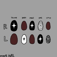 Nail Design Chart, Simple Nail Design Ideas, Alt Nails Short, Nail Designs Drawing, Nail Drawing Designs, At Home Nail Ideas, Nail Designs Grunge, Album Cover Nails, Paper Nails Design