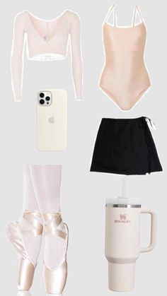 ballet outfit, coffee cup and cell phone