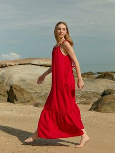 Olivia Open Back Maxi Dress in red | Red Maxi Dress | Open back dress in red Summer Beach Maxi Dress With Knotted Straps, Summer Maxi Dress With Knotted Straps For Beach, Casual Maxi Dress With Knotted Straps For Vacation, Chic Red Maxi Dress For Beach Season, Red Maxi Dress With Ruffles And Spaghetti Straps, Red Spaghetti Strap Maxi Dress With Ruffles, Red Ruffled Maxi Dress For Vacation, Red Beach Dress With Adjustable Straps, Vacation Dress With Adjustable Straps In Red