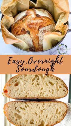 an image of a loaf of bread with the words easy overnight sourdough