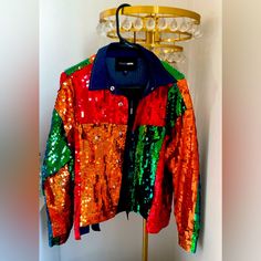 Brand New Sequin Jacket Never Worn Red Sequin Jacket, Multicolor Fringe Winter Outerwear, Red Long Sleeve Sequined Outerwear, Oversized Multicolor Acrylic Outerwear, Fitted Multicolor Sequined Outerwear, Tie Front Cardigan, Sequin Jacket, Rayon Pants, 60 Fashion