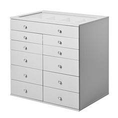 a white dresser with six drawers and two sinks on each side, in front of a white background