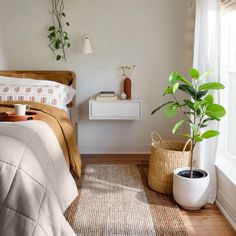 a bed room with a neatly made bed and a potted plant next to it