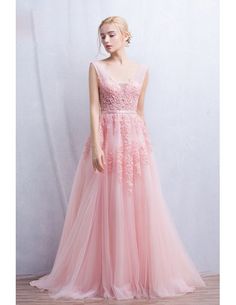 Romantic A-Line V-neck Floor-Length Tulle Wedding Dress With Appliques Lace Party Maxi Dresses, Prom Dress Lace, Gonna In Tulle, Bridesmaid Dress Collection, Maxi Dresses For Women, Lace Bride, Wedding Dresses With Flowers, Beaded Tulle, White Chiffon