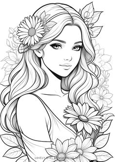 a girl with long hair and flowers in her hair is shown on this coloring page