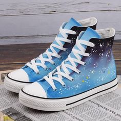 Harajuku Stars Hand Painted Shoes SE20526 – SANRENSE Stars Shoes, Halter Dress Short, Kawaii Clothing, Tropical Leaves Pattern, Luxury Duvet Covers, Luxury Bedding Set, Hand Painted Shoes, Skirt And Sneakers, Blue Stars