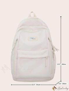 BirdinBag - Classic Letter Patch School Backpack - Ideal for College, High School, and Outdoor Travel Large Capacity Cream Backpack For School, Portable White Backpack For Back To School, Back To School Large Capacity Cream Backpack, Beige Backpack With Zipper Closure For Study, White Portable Satchel Backpack, White Satchel Backpack, Cream Backpack For Travel And Back To School, White Portable Backpack For Travel, Functional Beige Bag For Students