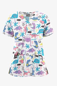 This top proves there’s beauty in simplicity. From its classic fit to its generous length (with side vents), it’s designed for ease. Two front pockets. • Classic fit • V neckline • Total of 2 front pockets • Right front pocket has pen slot • Short sleeves • Side vents • Features multicolor dinosaurs and palm trees on white • Approximate Length Size M: 27 ½” Feathery light and so silky, our Soft Stretch fabric feels more like high-end fashion than scrubs. And yet, it resists fading and wrinkles – Medical Attire, Pediatric Scrubs, Fun Scrubs, Nurse Scrubs, Koi Scrubs, Pretty Ear Piercings, Beauty In Simplicity, Easy Stretches, Scrubs Nursing