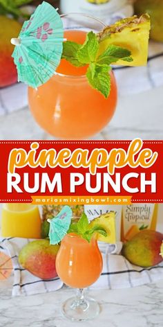 the pineapple rum punch is garnished with an umbrella