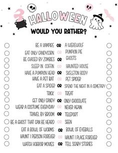 a printable halloween checklist with the words, would you rather be able to do this?