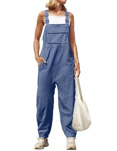 PRICES MAY VARY. Size Guide: S=US 4-6, M=US 8-10, L=US 12-14, XL=US 16-18. Loose style, please check the size chart carefully before purchase! This overalls jumpsuit features adjustable shoulder straps with button closure, a sleeveless and backless design, square neckline, solid color, and elastic band at the pant ankles, along with two convenient side pockets. Its relaxed, loose fit makes it versatile and stylish for a variety of occasions. Comfy and oversized, this jumpsuit is made of soft, br Pant Romper, Overalls Jumpsuit, Romper Long Pants, Long Pant Jumpsuit, Jumpsuit Casual, Design Square, Backless Design, Fabric Making, Leisure Activities