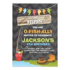 a birthday party card with an image of fish on the line and fishing items in buckets