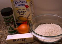 ingredients to make rice in a bowl on a counter