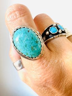 Southwest Native American navajo handmade artist signed size 9 turquoise ring Artisan Turquoise Cabochon Ring, Western-style Turquoise Ring With Patina, Bohemian Untreated Blue Turquoise Ring, Southwestern Style Turquoise Ring With Patina, Southwestern Style Large Stone Turquoise Ring, Southwestern Turquoise Ring With Large Stone, Southwestern Style Turquoise Ring With Large Stone, Southwestern Turquoise Cabochon Rings, Western Style Turquoise Gemstone Rings