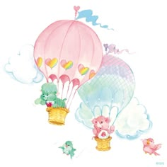 two hot air balloons flying in the sky with teddy bears and other animals around them